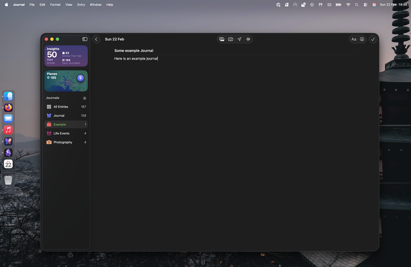 Apple Journal on MacOS, with a wall paper of Japan