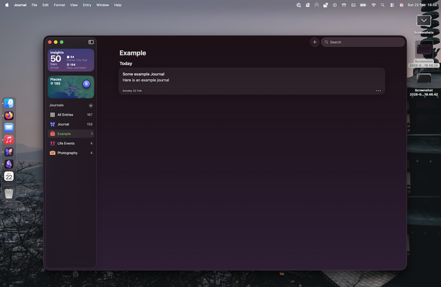 Apple Journal on MacOS, with a wall paper of Japan. You can see a list of journal entries