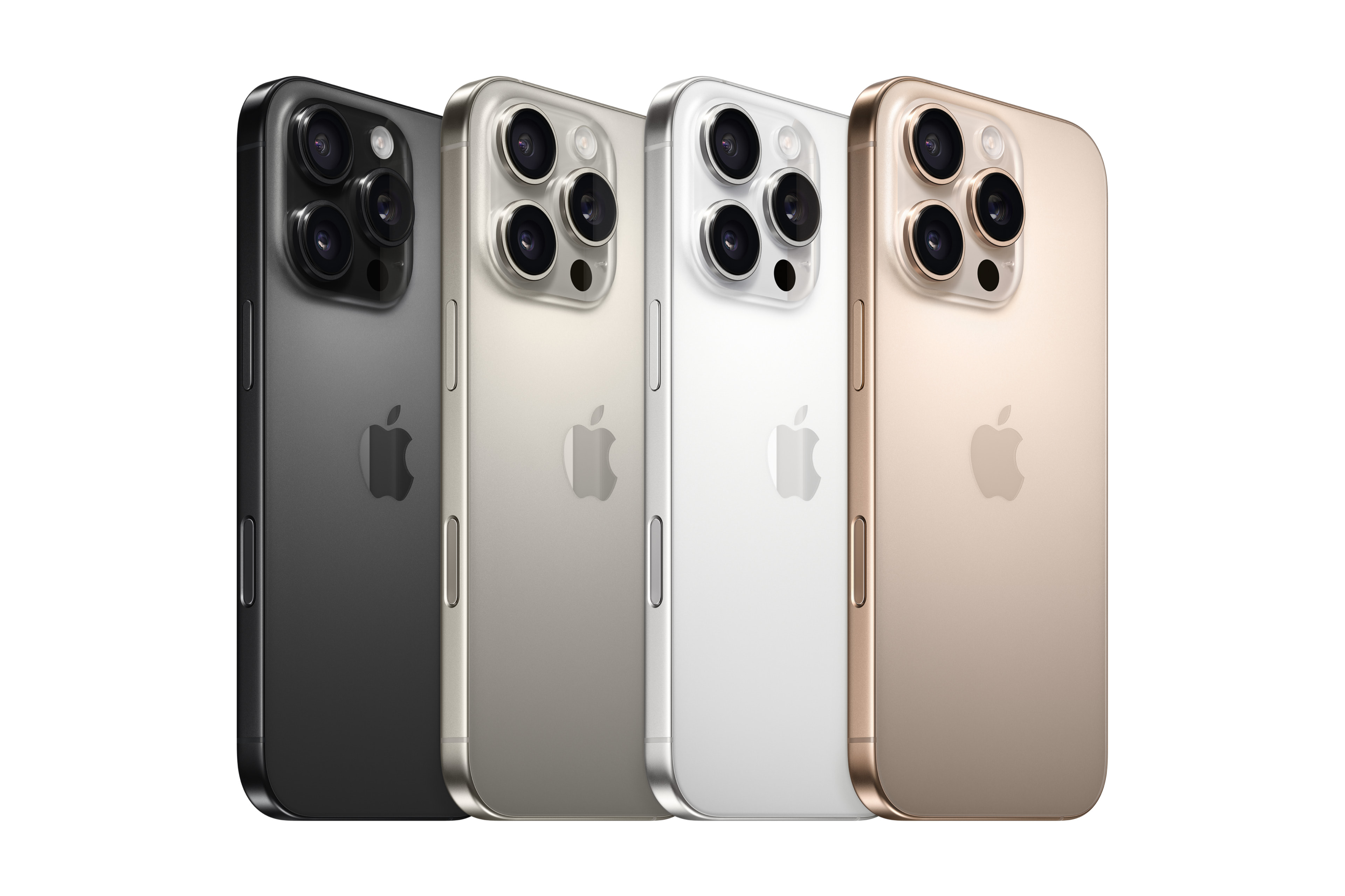 4 iPhone 16 Pros, in a line showing the different colours available